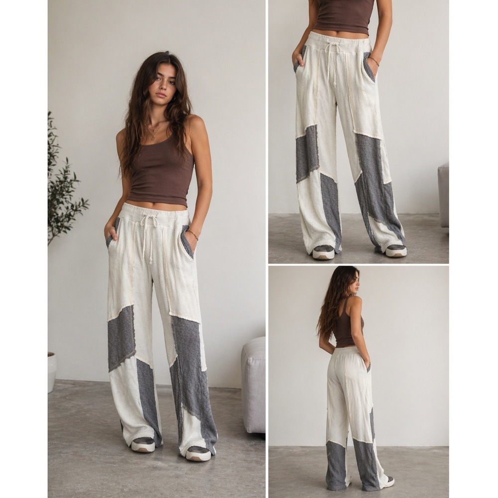 POL Wide Leg Patchwork Pants Womens Small Cream Gray Waffle Knit Lounge Trousers